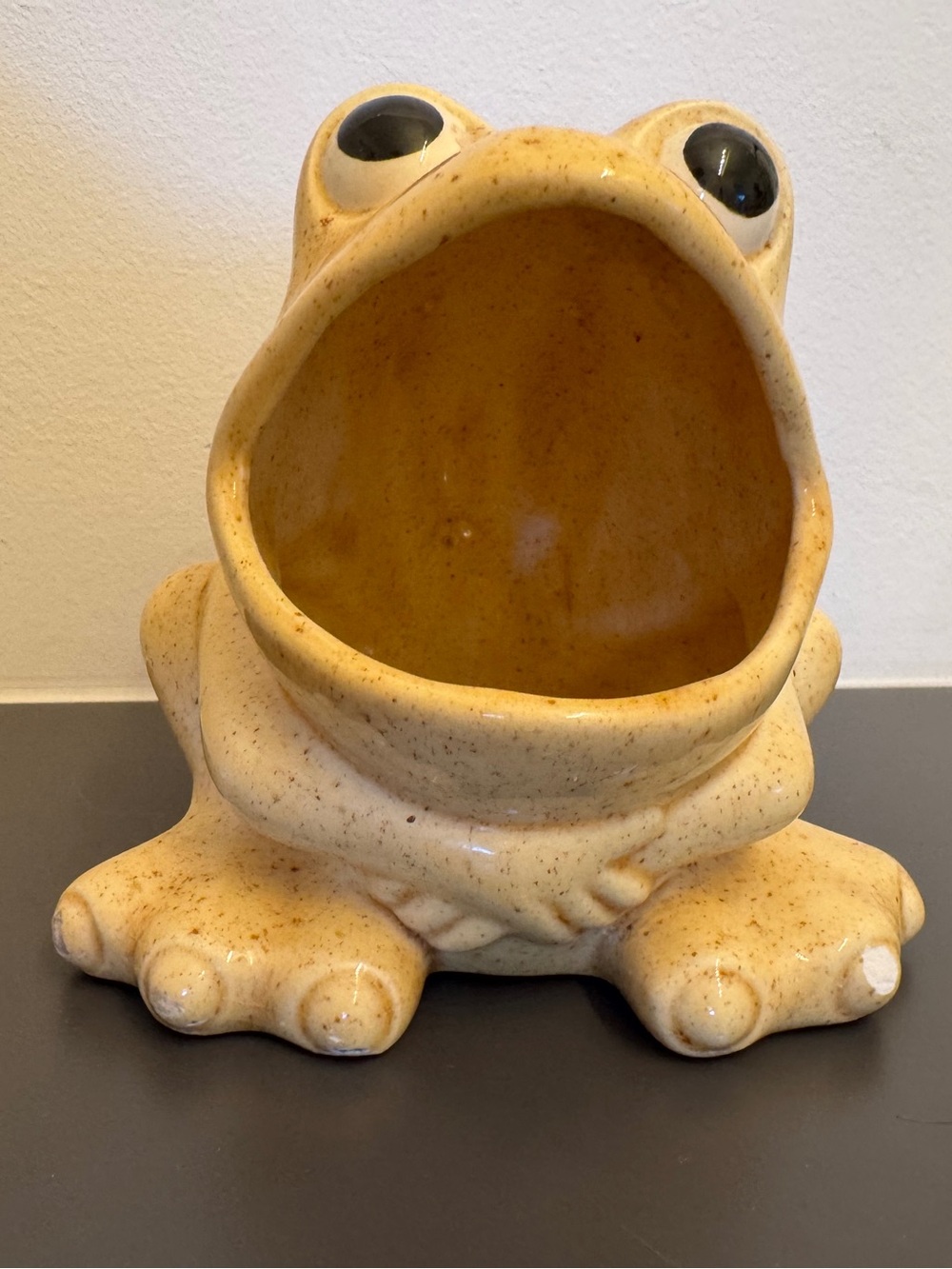 Retro Yellow Speckled Ceramic Frog Sponge Holder/Planter